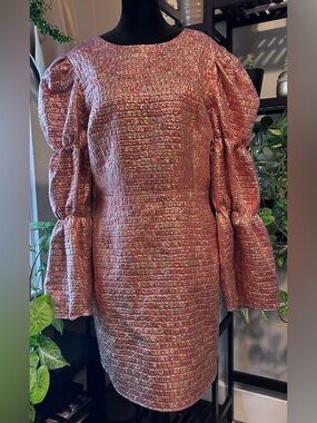 Hyacinth House Pink Metallic Tweed Puff-Sleeve Mini Dress